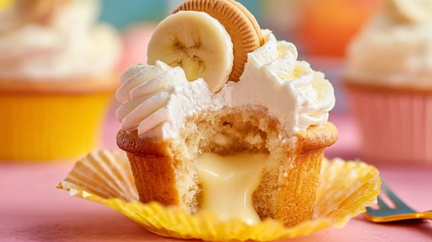 Delicious banana pudding cupcakes topped with whipped cream and banana slices