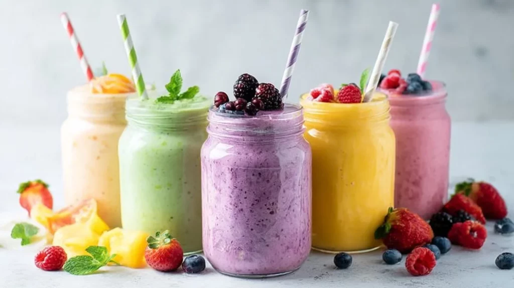 Basic fruit smoothie with mixed berries and banana in a glass