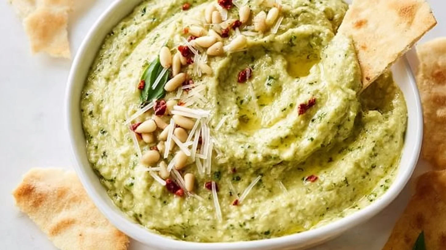Basil pesto hummus served with pita and vegetables on a platter