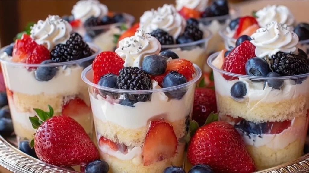 Berry Tres Leches Dessert Cups with fresh berries and creamy milk layers