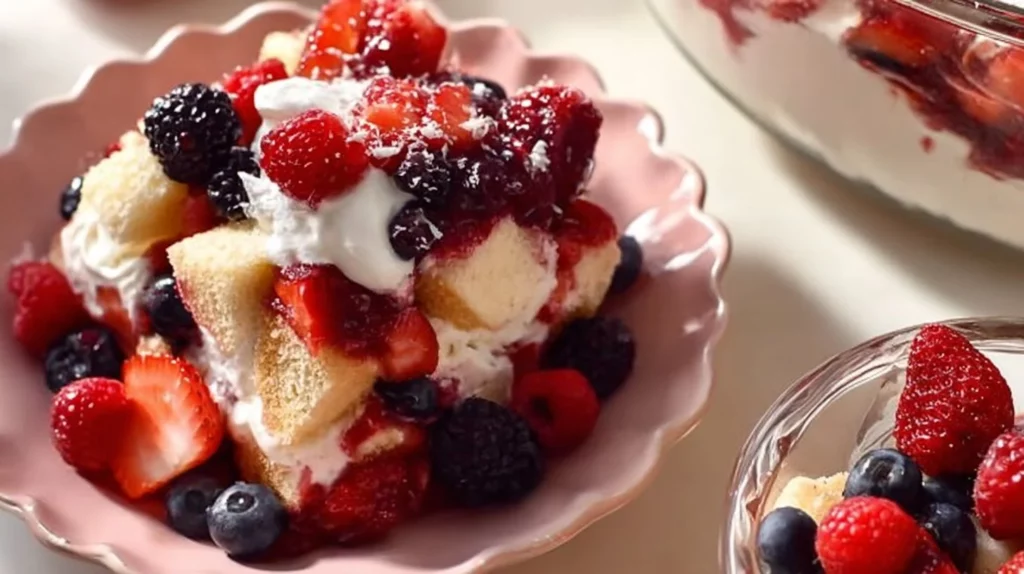 Delicious berry trifle dessert with layers of fruits, cream, and cake