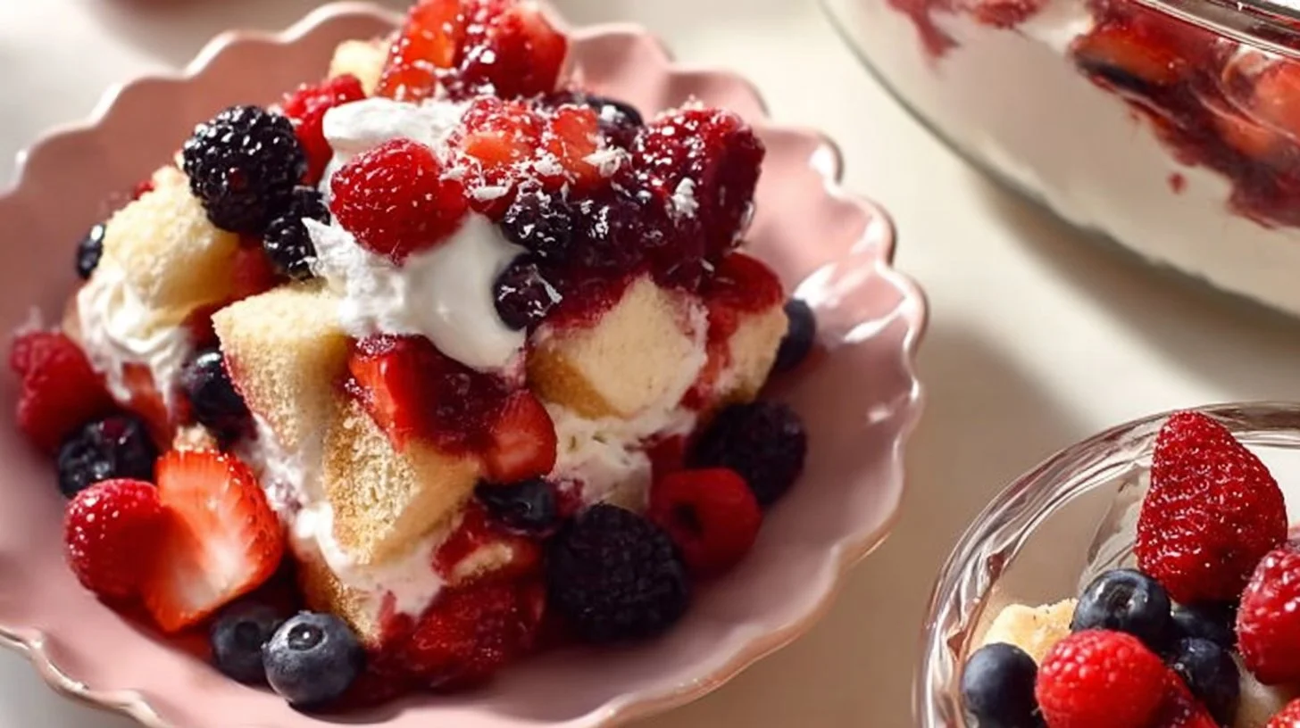 Delicious berry trifle dessert with layers of fruits, cream, and cake