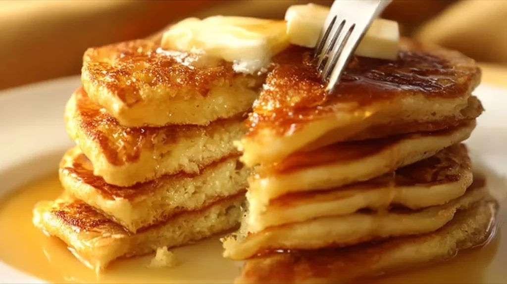 Fluffy buttermilk pancakes stacked on a plate with syrup and berries