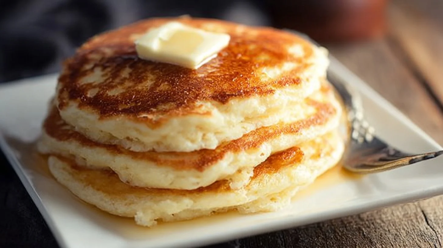 Delicious stack of best buttermilk pancakes with syrup and berries