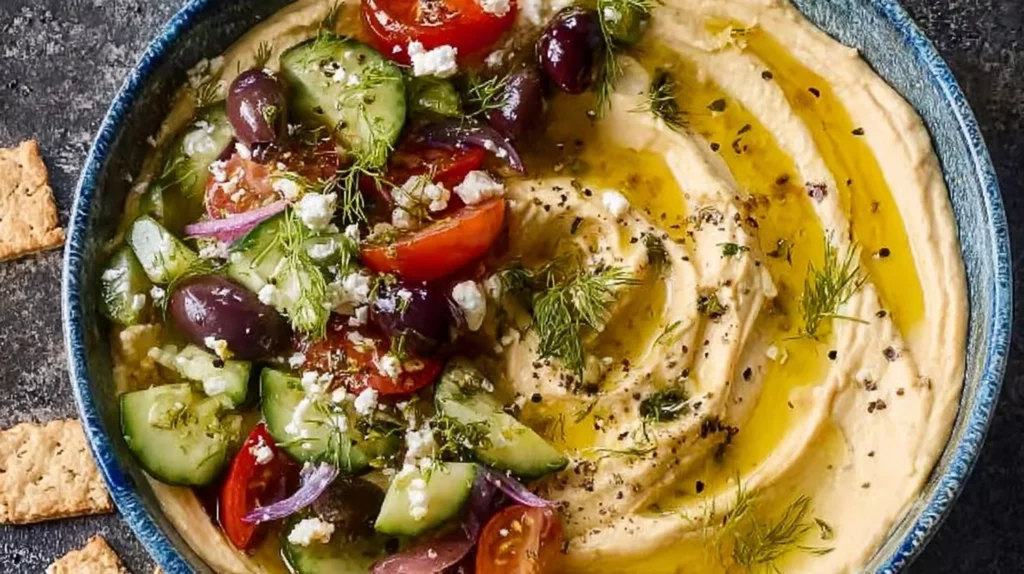 Delicious bowl of homemade hummus with olive oil and parsley garnish