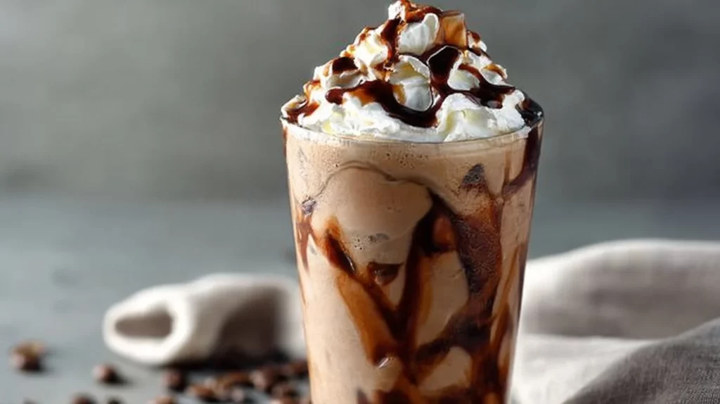 Delicious iced mocha coffee in a glass topped with whipped cream and chocolate drizzle