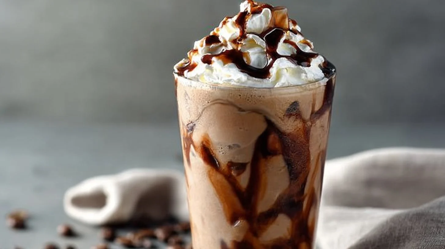 Delicious iced mocha coffee in a glass topped with whipped cream and chocolate drizzle
