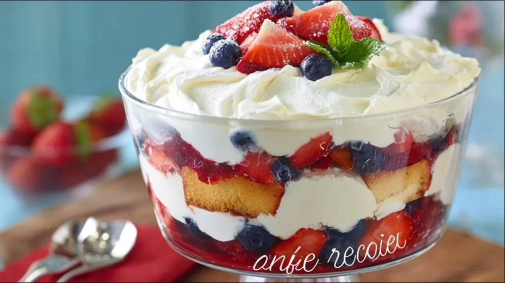 Delicious summer berry trifle with layers of fresh berries, cream, and cake.