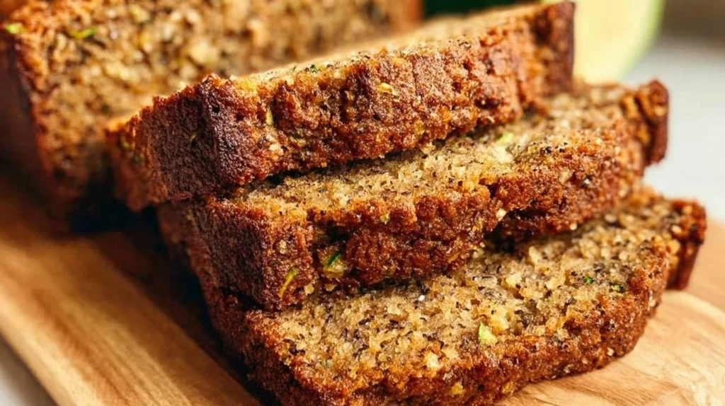Delicious homemade zucchini bread sliced on a wooden cutting board