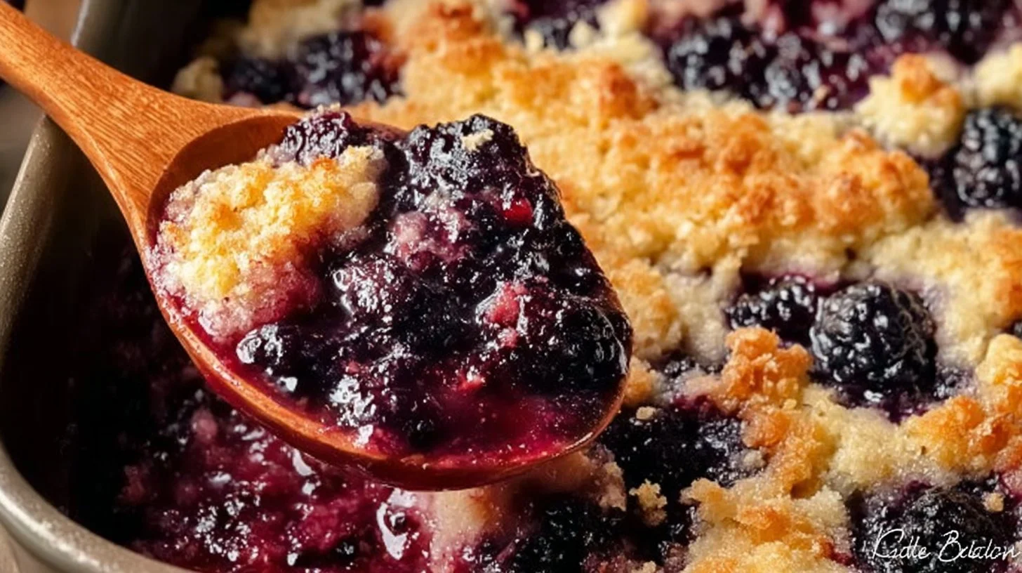 Homemade Blackberry Cobbler served in a rustic dish with fresh blackberries