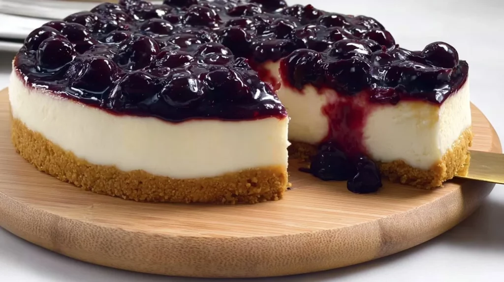 Delicious blueberry cheesecake garnished with fresh blueberries and whipped cream.