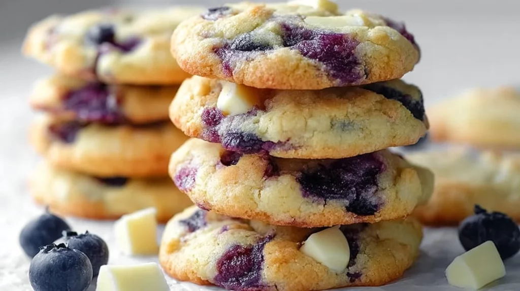 Blueberry cheesecake cookies topped with fresh blueberries and creamy cheesecake filling.
