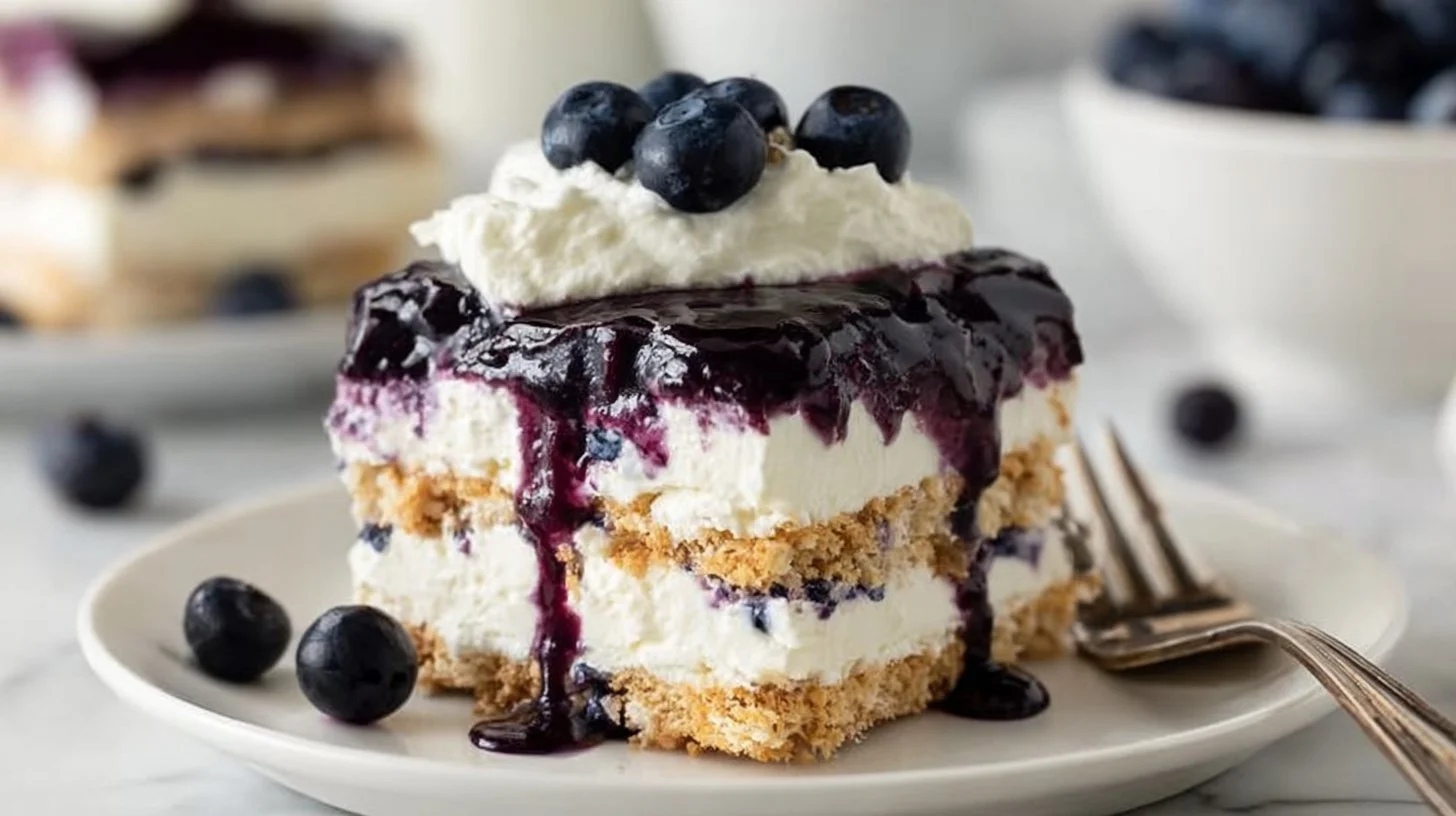 Blueberry Cheesecake Icebox Cake 2 Slice of blueberry cheesecake icebox cake with fresh blueberries on top.