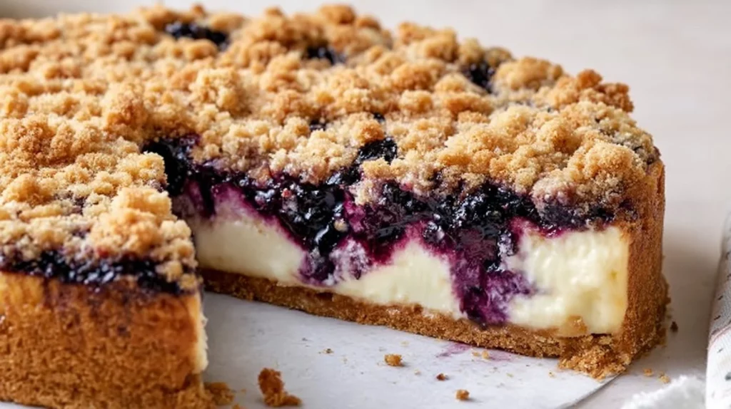 Delicious blueberry cheesecake with a crumble cookie crust on a white plate.