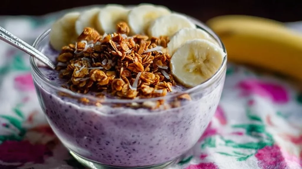 Blueberry chia pudding breakfast bowl topped with fresh berries and nuts.