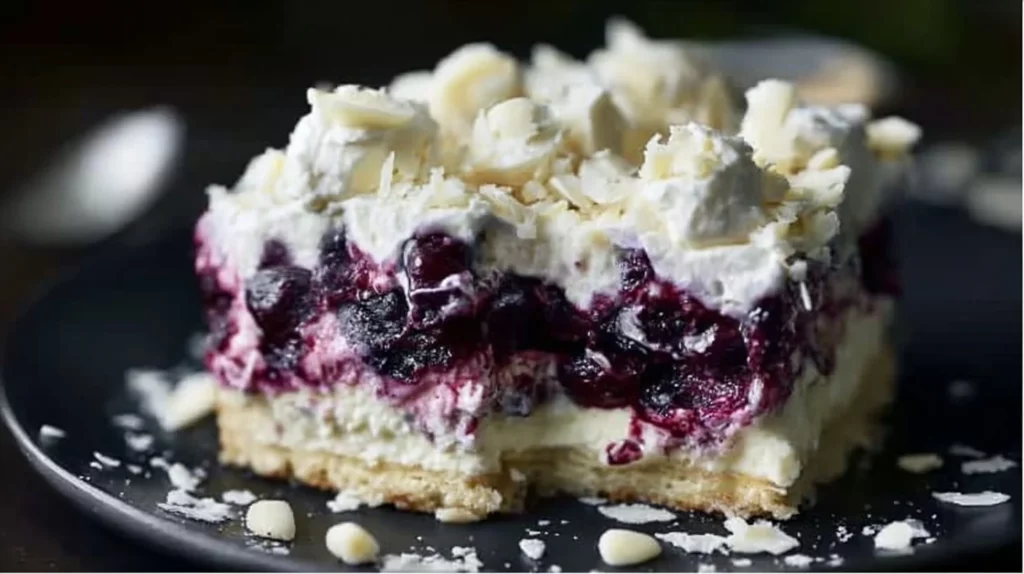 Blueberry Cream Cheesecake Lasagna dessert with blueberries and creamy layers.