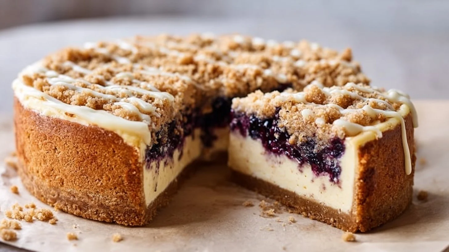 Blueberry Crumb Cheesecake Recipe 2 Delicious blueberry crumb cheesecake with a creamy layer and crunchy topping.