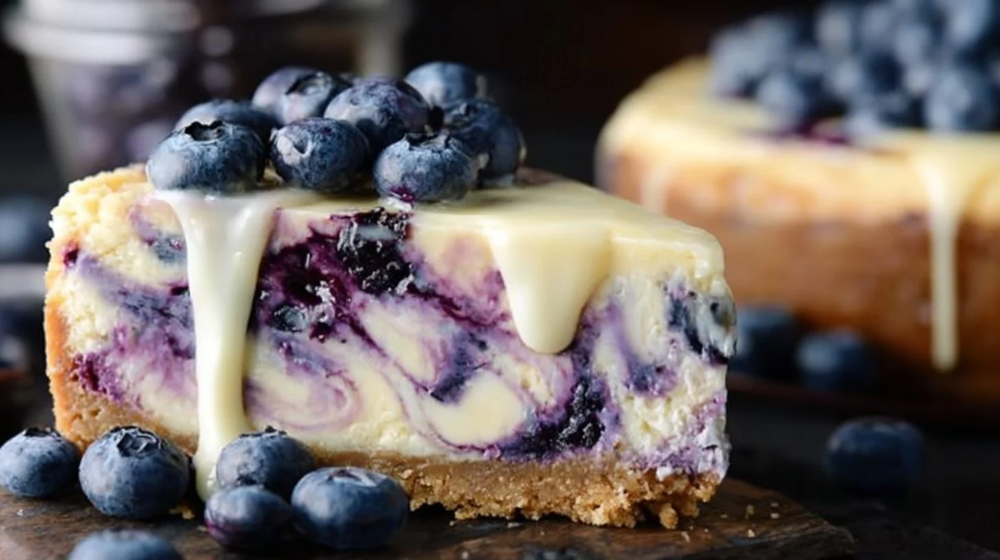 Slice of Blueberry Swirl Cheesecake topped with fresh blueberries and creamy layer