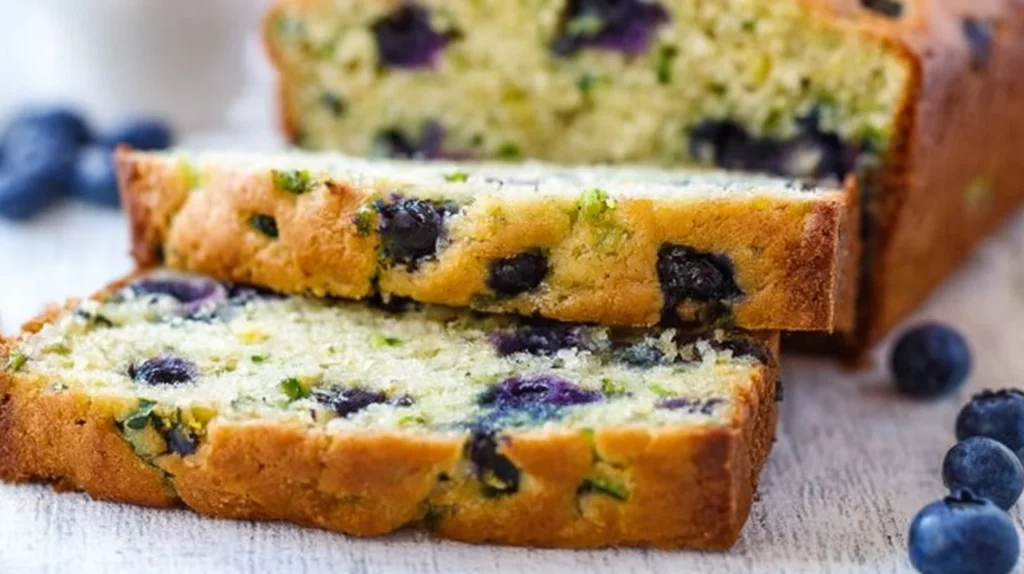 Freshly baked blueberry zucchini bread with blueberries and zucchini slices