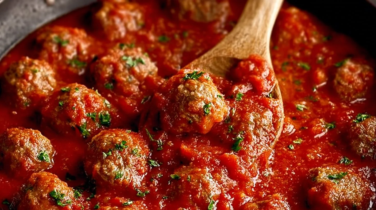 Bobby Flay's Italian meatballs served with marinara sauce and spaghetti.