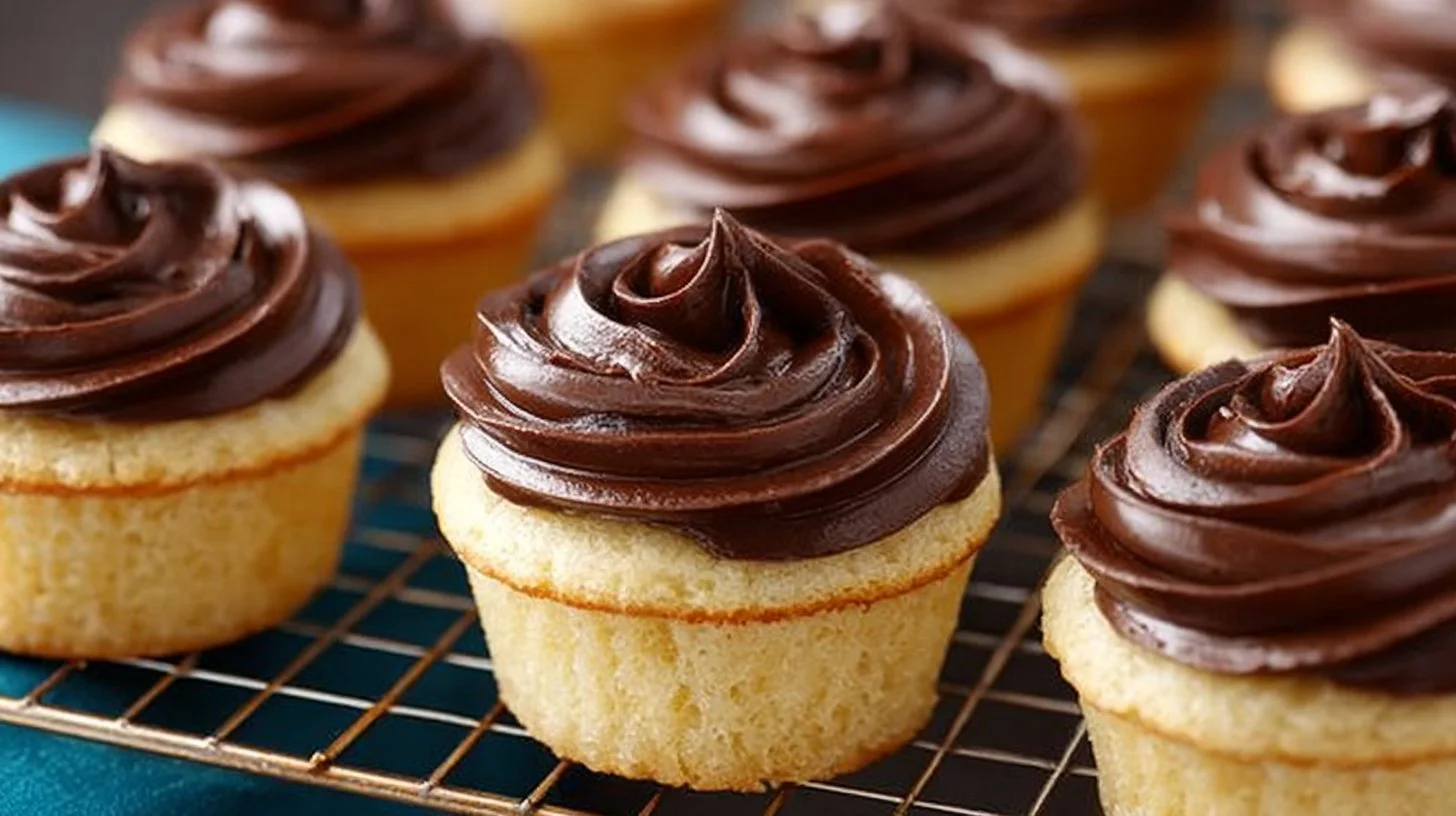 Boston Cream Pie cupcakes topped with chocolate and filled with vanilla cream