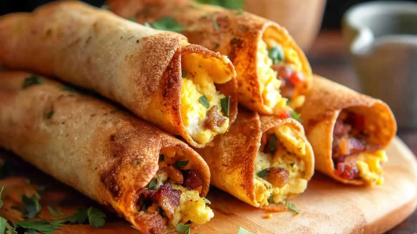 Delicious breakfast taquitos filled with eggs, cheese, and toppings.