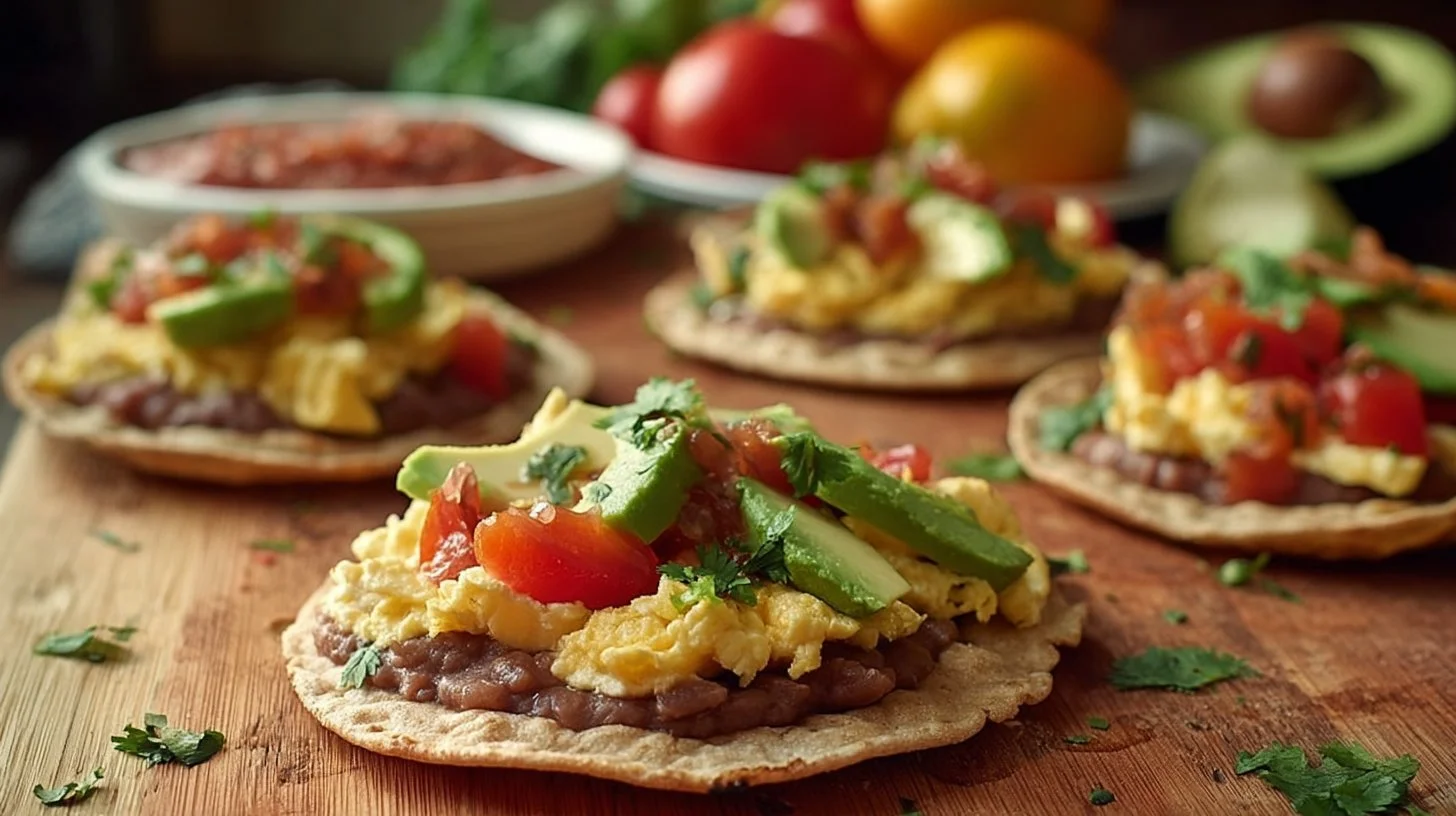 Colorful breakfast tostadas topped with eggs, avocado, and salsa