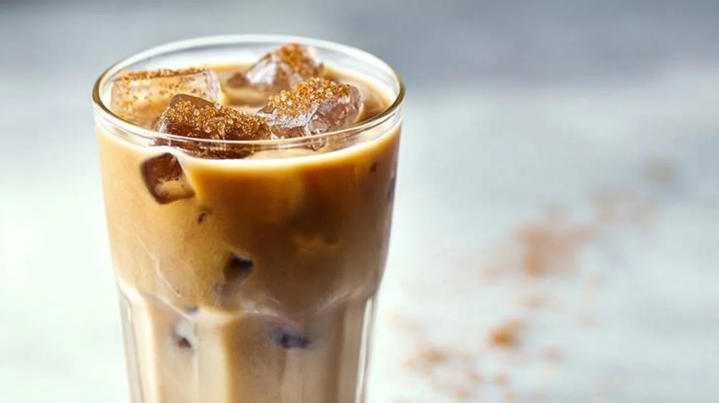A refreshing glass of Brown Sugar Vanilla Iced Coffee with ice and vanilla beans.