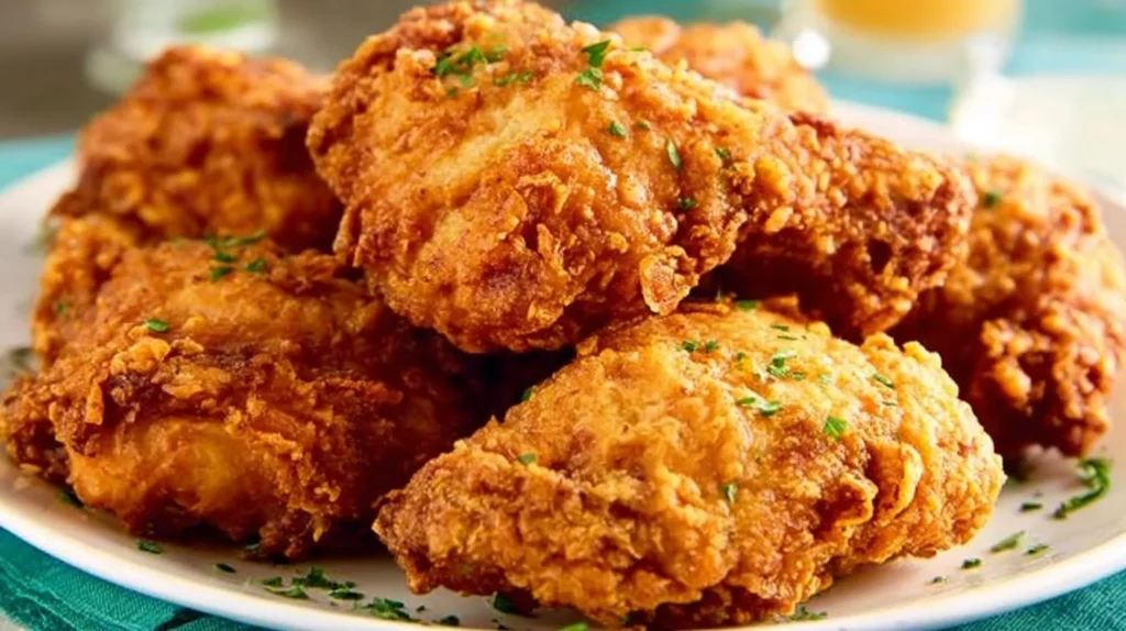 Delicious buttermilk fried chicken served on a platter with dipping sauce