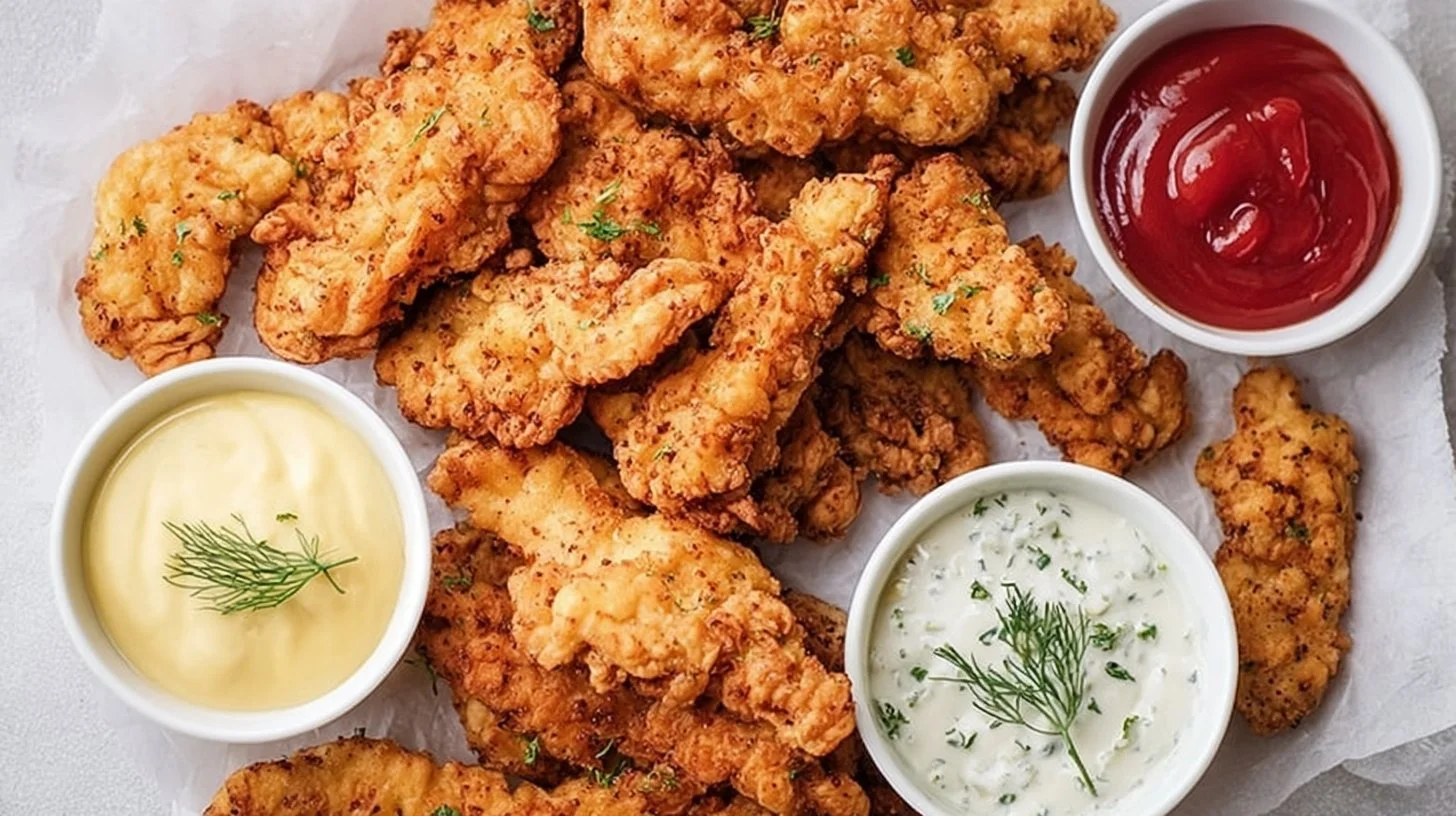 Buttermilk fried chicken tenders served with dipping sauce on a plate