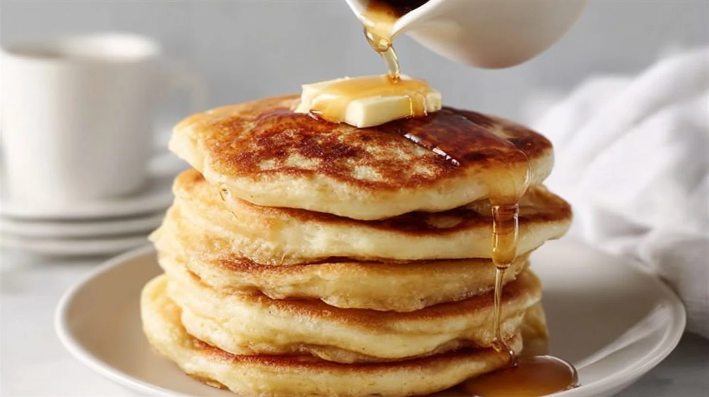 Stack of fluffy buttermilk pancakes topped with fresh berries and syrup