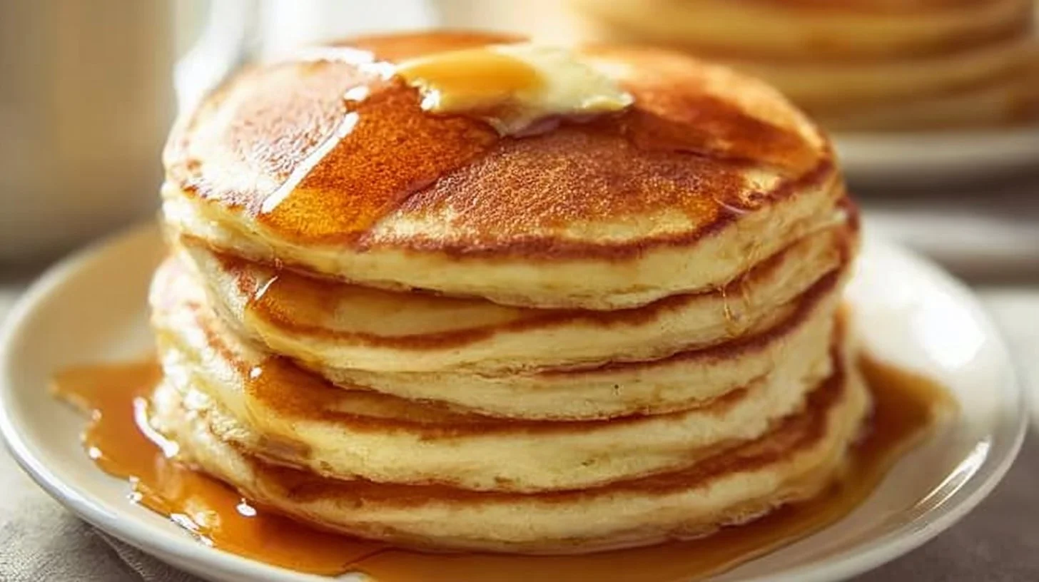 Fluffy buttermilk pancakes stacked with syrup and berries