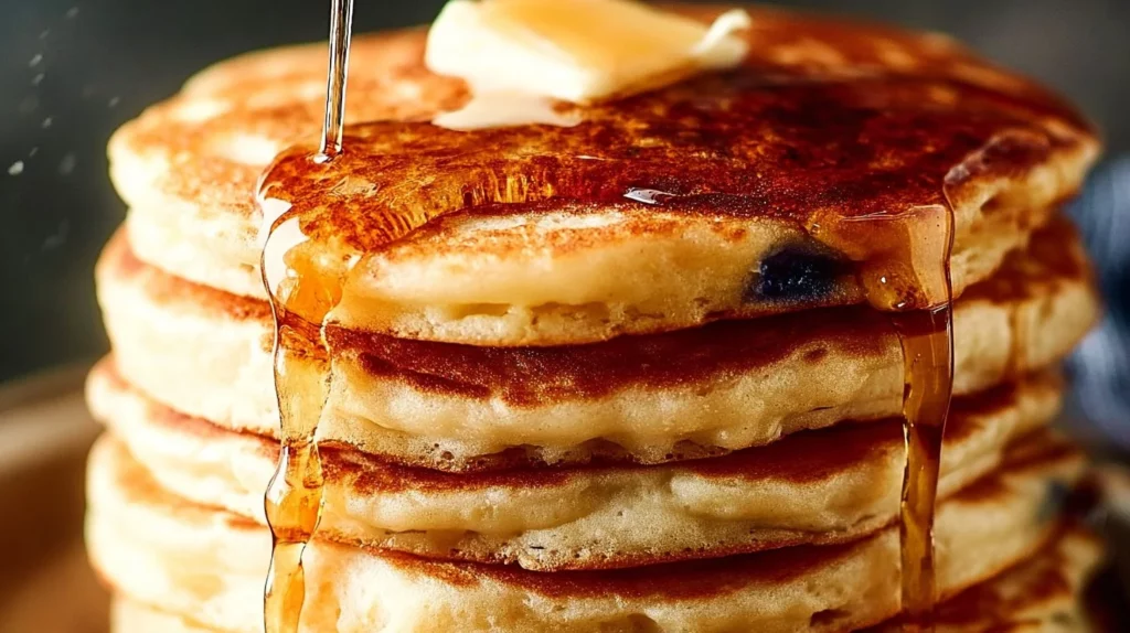 Stack of fluffy buttermilk pancakes drizzled with syrup and topped with butter
