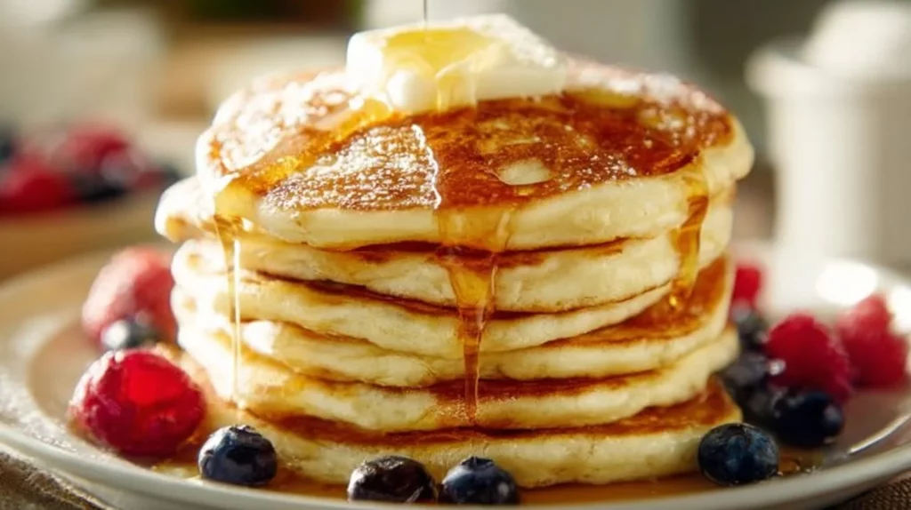 Fluffy buttermilk pancakes stacked on a plate with maple syrup