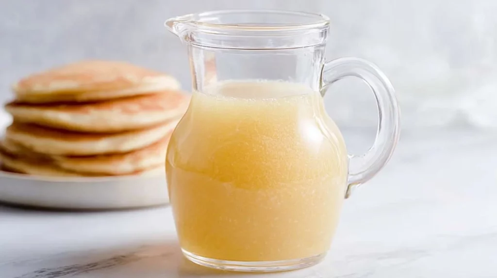 Homemade buttermilk syrup drizzled over pancakes