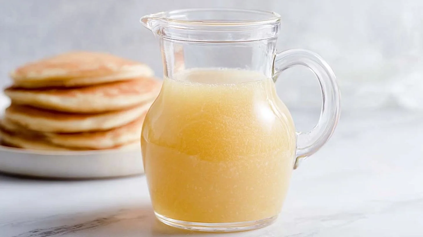 Homemade buttermilk syrup drizzled over pancakes