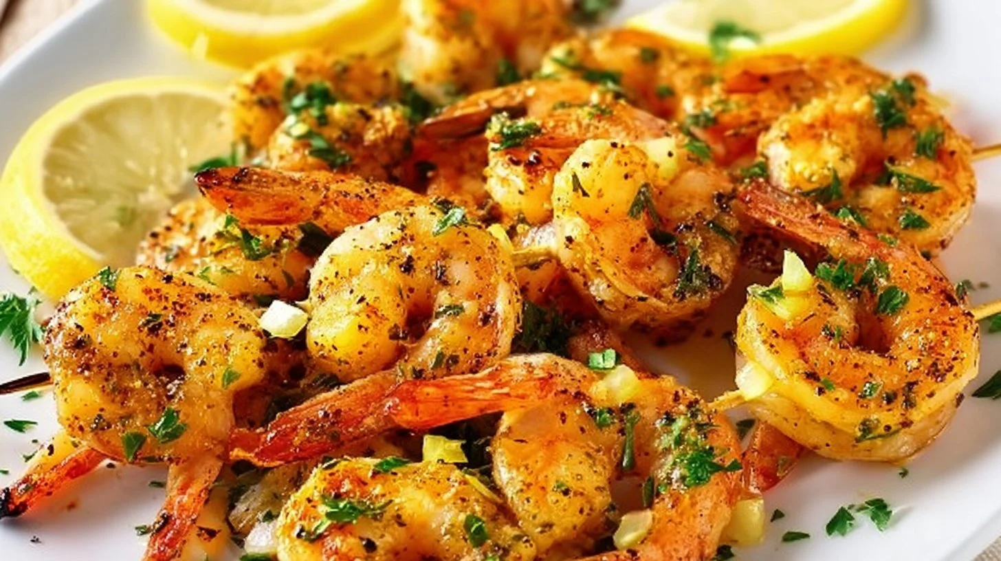 Cajun garlic butter grilled shrimp skewers ready for grilling on a BBQ