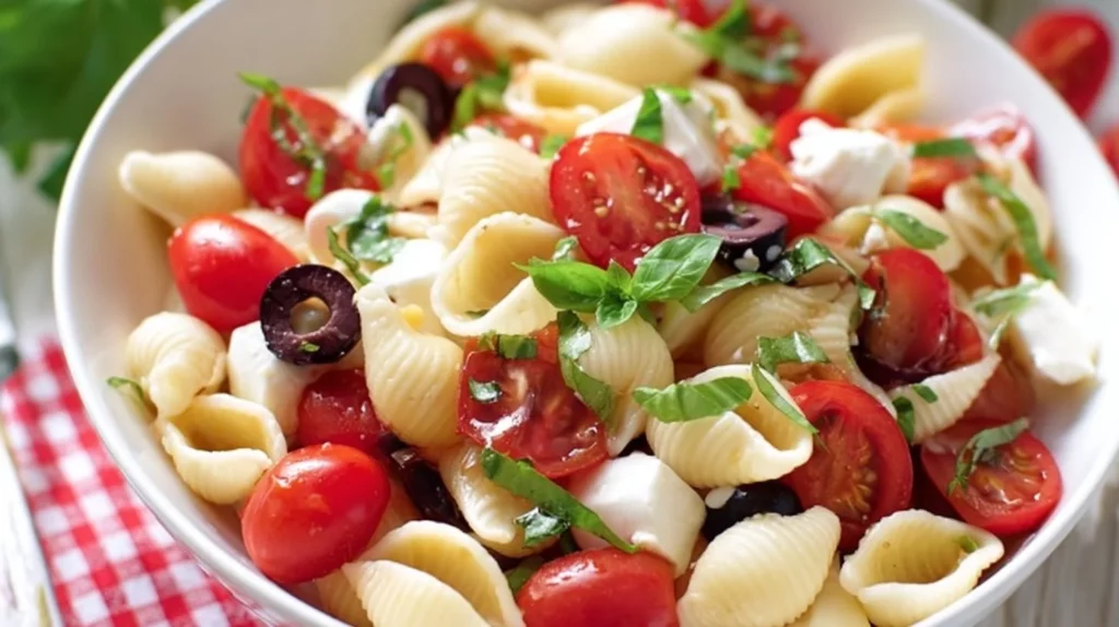 Fresh Caprese Pasta Salad with olives, tomatoes, basil, and mozzarella