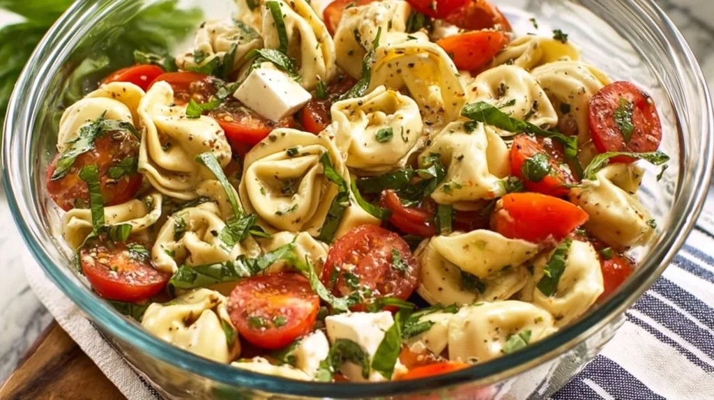 Caprese Salad with Tortellini featuring fresh tomatoes, basil, and mozzarella