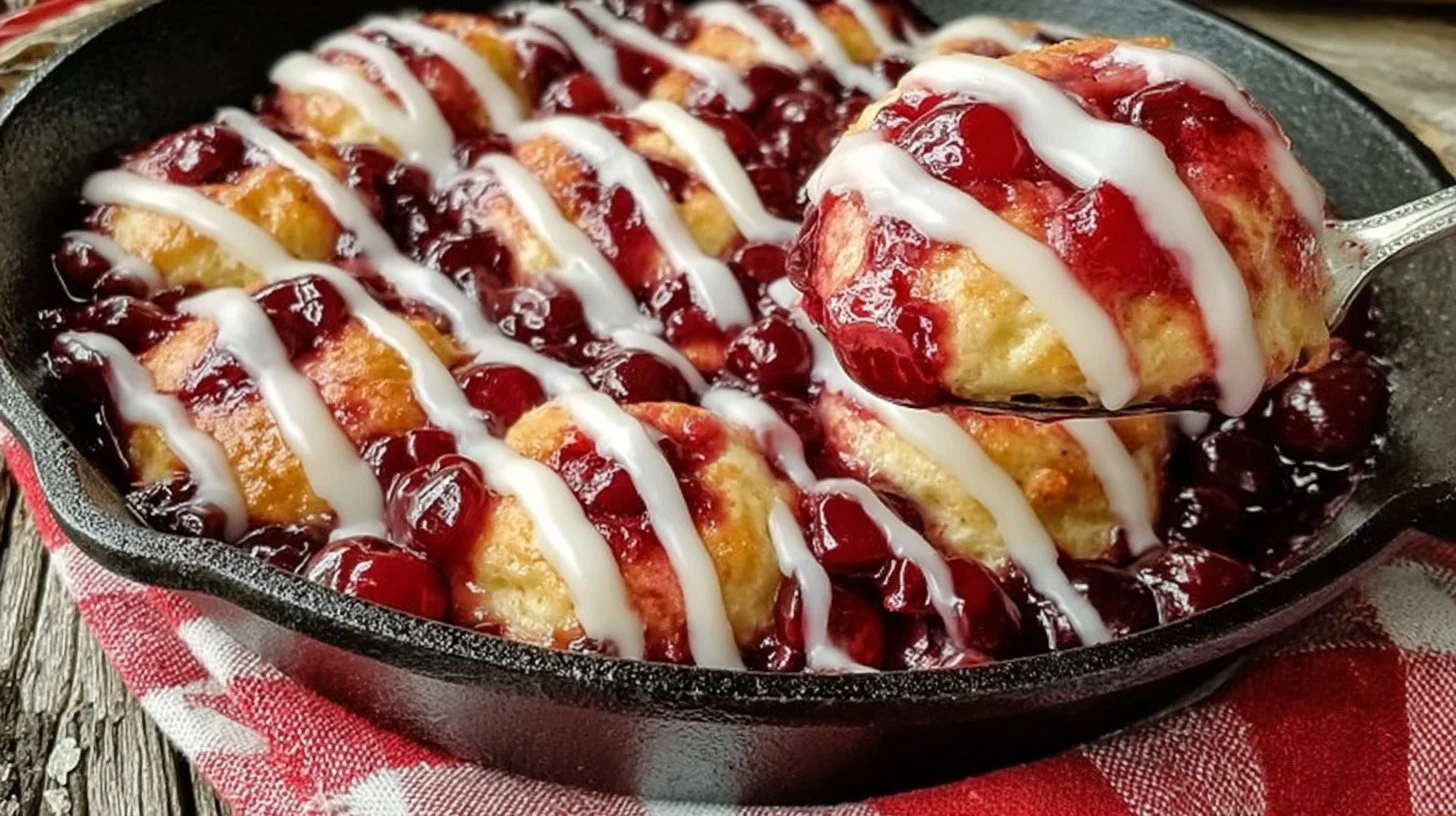 Delicious cast iron skillet cherry cobbler topped with creamy vanilla ice cream.