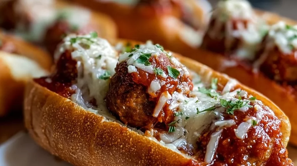 Delicious cheesy meatball sub sandwich with melted cheese and marinara sauce