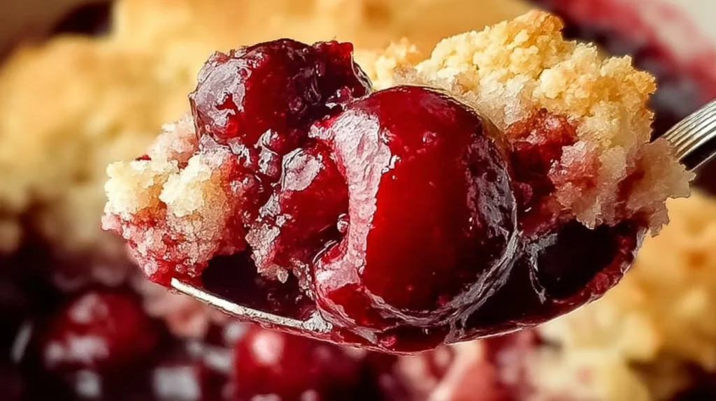 Delicious cherry cobbler dessert served in a baking dish with fresh cherries