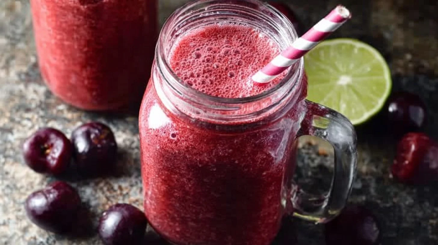 Refreshing cherry lime smoothie in a glass with cherries and lime slices