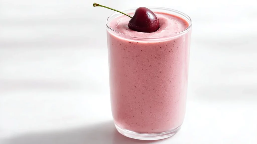 A vibrant Cherry Pie Smoothie topped with fresh cherries and whipped cream