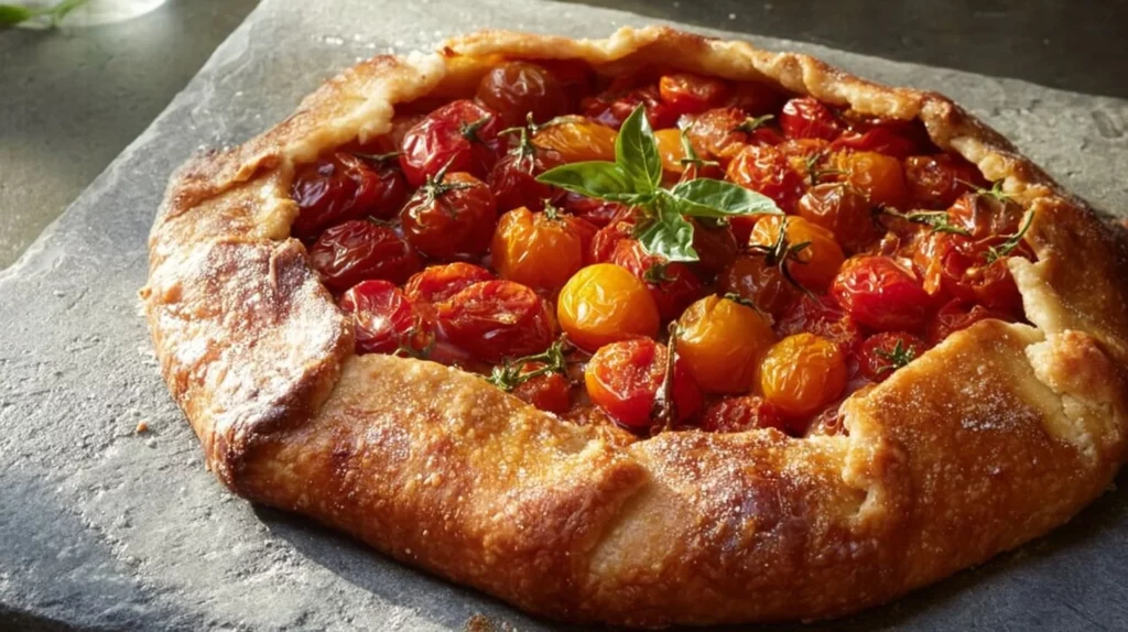 Homemade Cherry Tomato Galette with cheese on a rustic wooden table