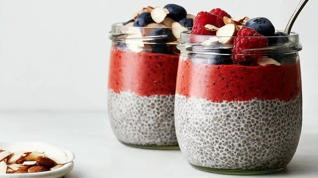 Healthy chia pudding topped with berries in a glass jar