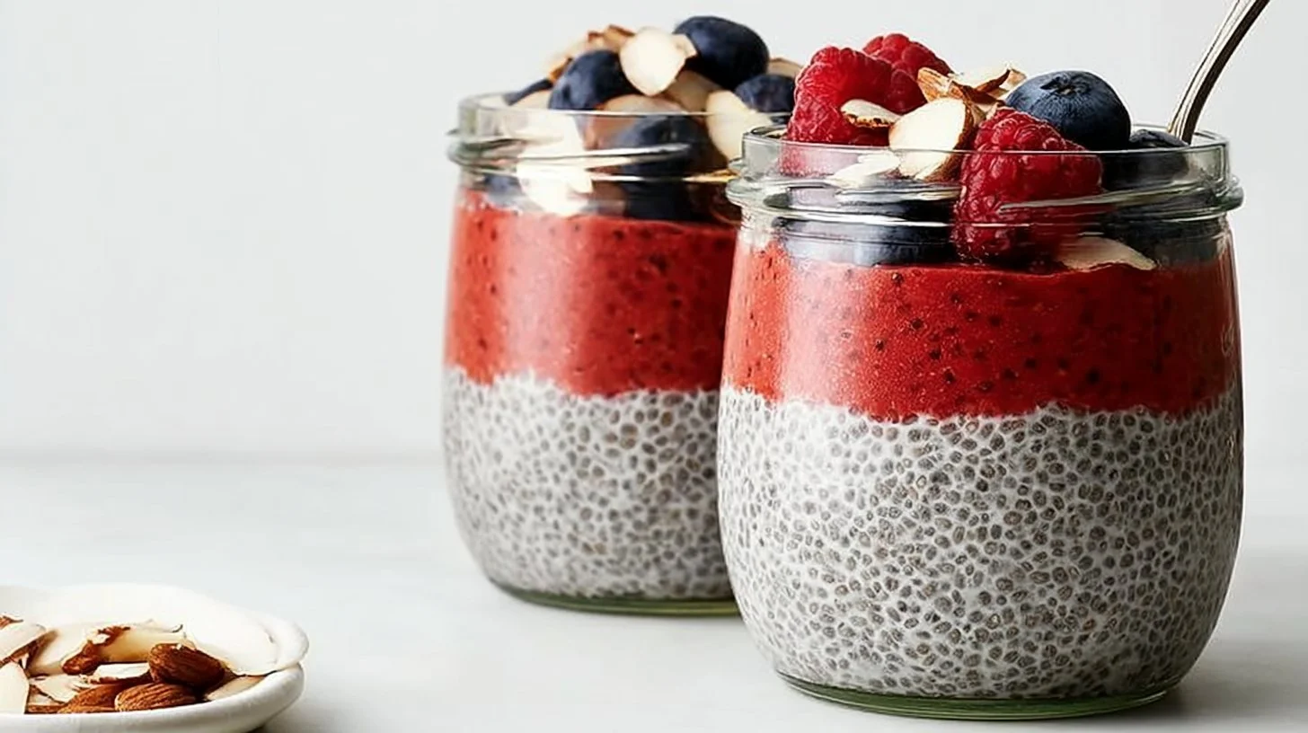 Healthy chia pudding topped with berries in a glass jar