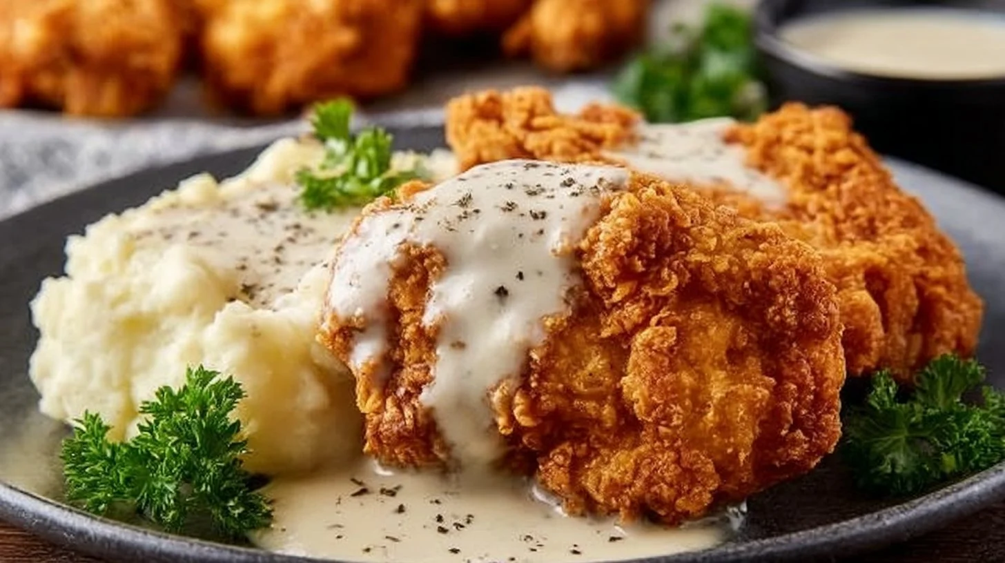 Plate of delicious chicken fried chicken, crispy and golden brown.