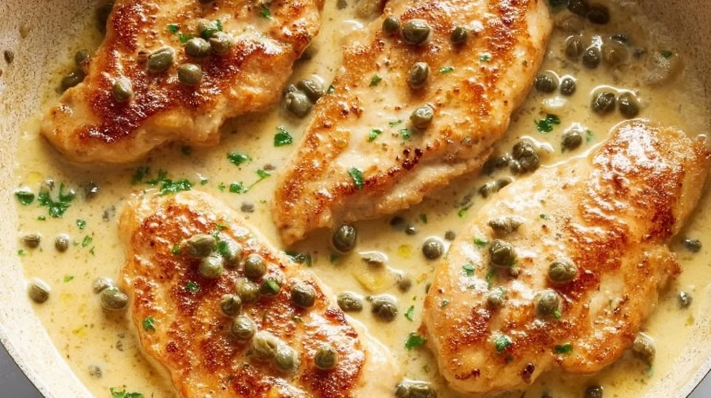 Plate of Chicken Piccata garnished with lemon and capers