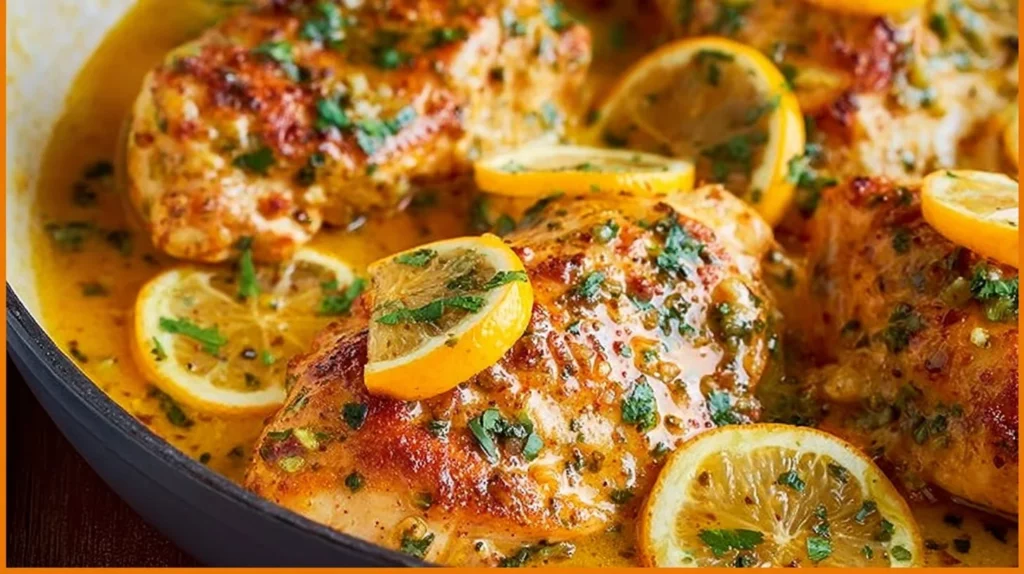 Chicken with Lemon Butter Sauce served on a plate, garnished with herbs.
